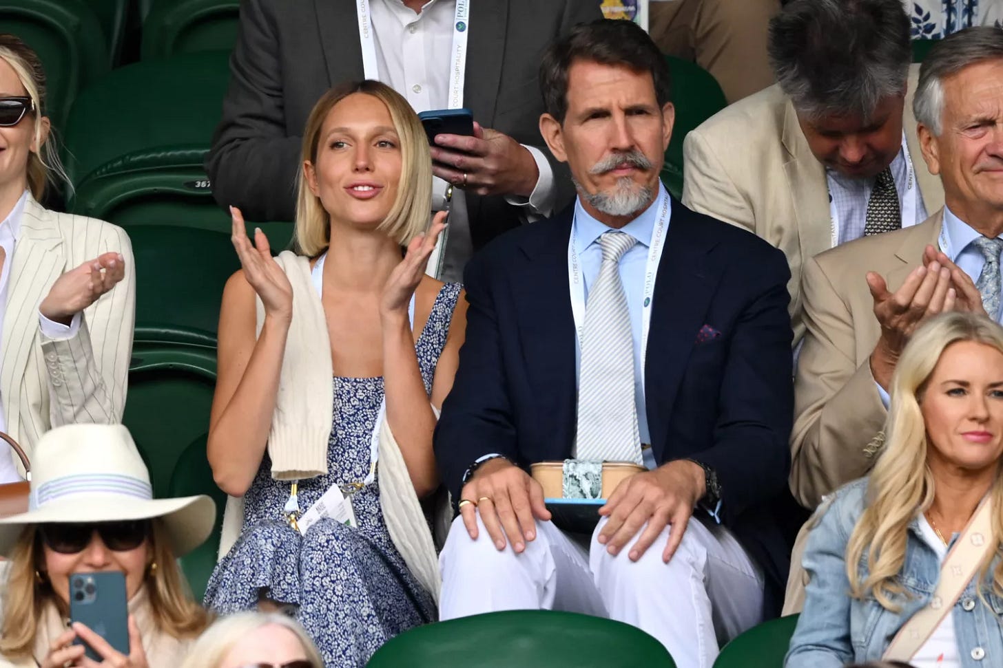 Poppy Delevingne, Princess Maria-Olympia of Greece and Denmark, Pavlos, Crown Prince of Greece and Charles Delevingne attend the Wimbledon Tennis Championships at the All England Tennis and Croquet Club on at Wimbledon on July 01, 2024