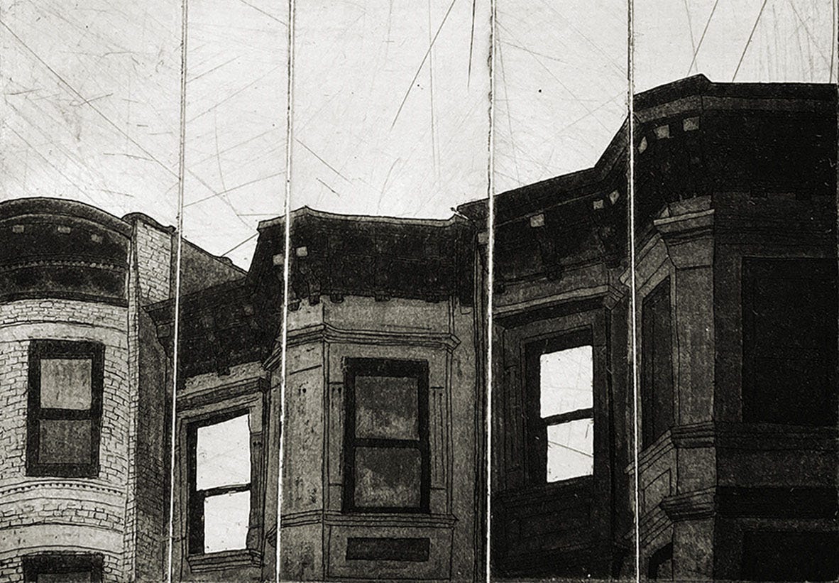 Cropped section of an etching of the upper stories of a row of brownstone buildings