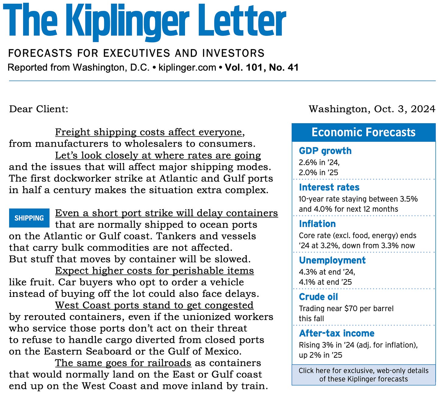 Sample view of The Kiplinger Letter