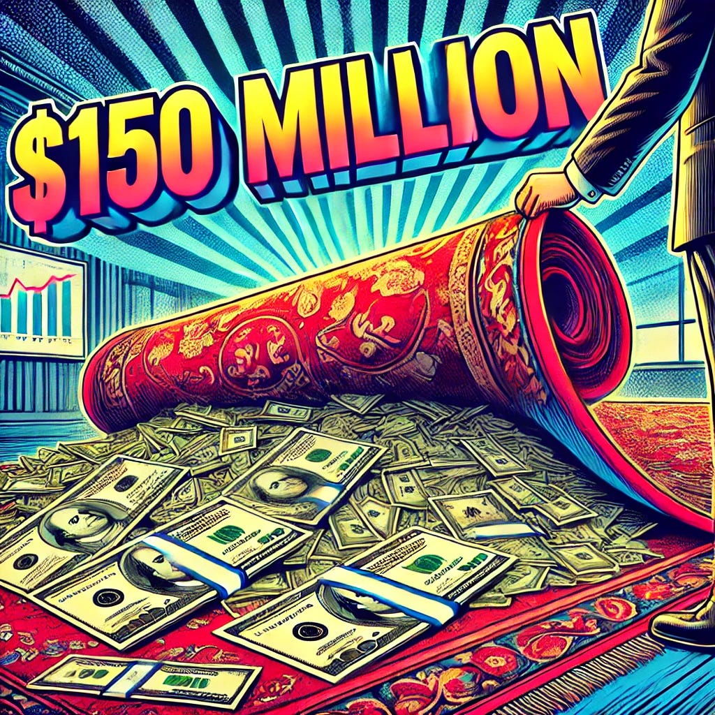 A vibrant, dramatic pop-art style illustration showcasing the concept of hidden expenses worth $150 million. The image features a pile of cash partially covered by a large, ornate carpet being lifted slightly to reveal the money underneath. The background includes a corporate office setting with charts and financial data, highlighting the seriousness of the discovery. The numbers "$150 Million" are prominently displayed in bold pop-art style, surrounded by dynamic visual elements like rays and dollar signs. The scene conveys a sense of mystery and revelation, using a vivid color palette and detailed textures, in a 1920x1080 horizontal format.