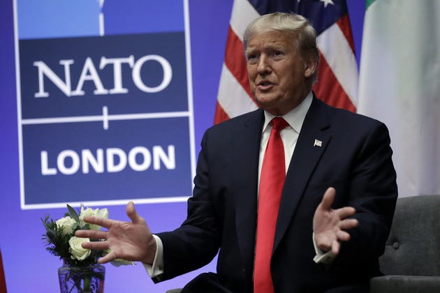 President Donald Trump speaks during the NATO summit in 2019.