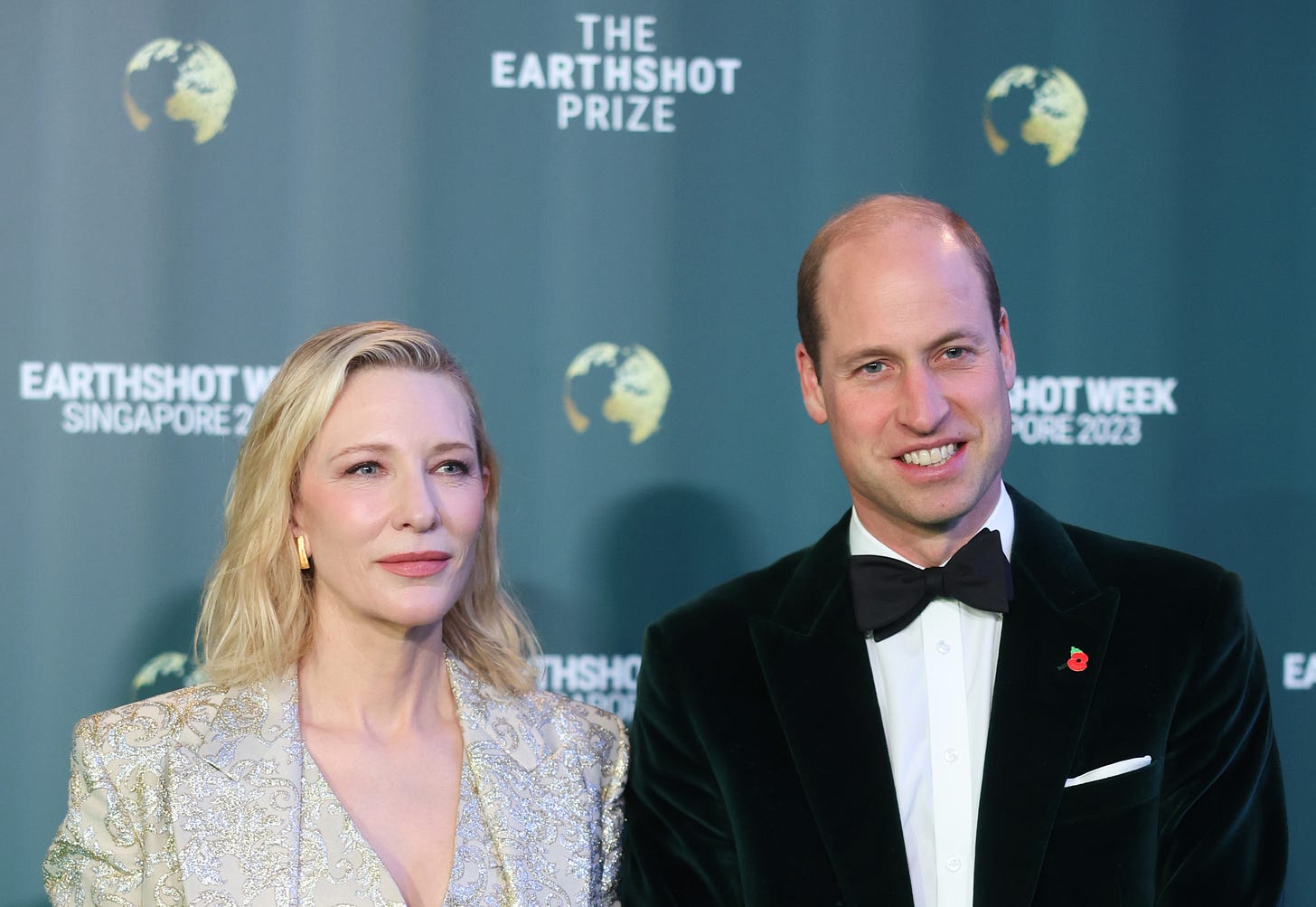 Prince William in a tuxedo standing next to Cate Blanchett at Earthshot Awards
