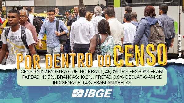 Fotografia de pessoas atravessando uma rua, movimentada (crédito: Arquivo IBGE). Abaixo, destaque "Por dentro do Censo", título "Censo 2022 mostra que, no Brasil, 45,3% das pessoas eram pardas; 43,5%, brancas; 10,2%, pretas, 0,8% declaravam-se indígenas e 0,4% eram amarelas" e logotipo do IBGE.