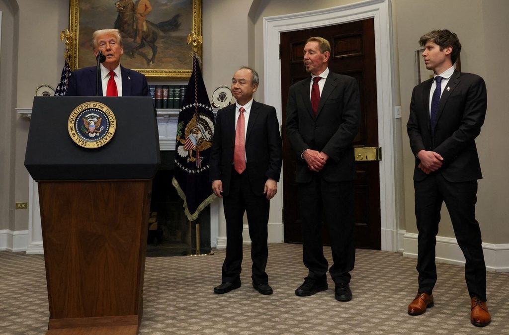 SoftBank CEO Masayoshi Son, Oracle co-founder Larry Ellison and OpenAI CEO Sam Altman listen to Donald Trump talking about the Stargate project at the White House