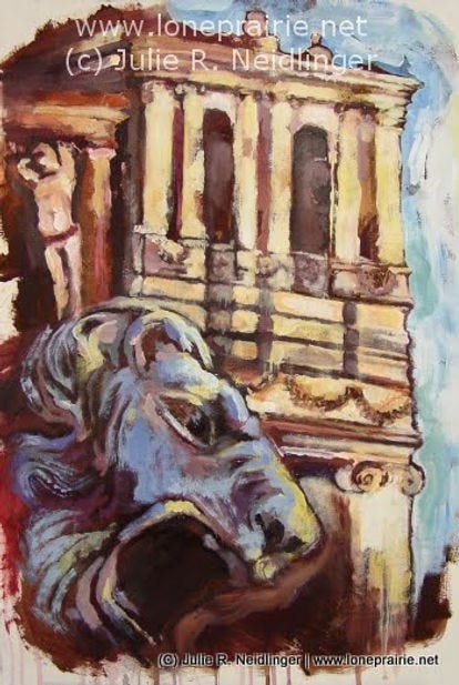 painting of lion statue in front of cathedral