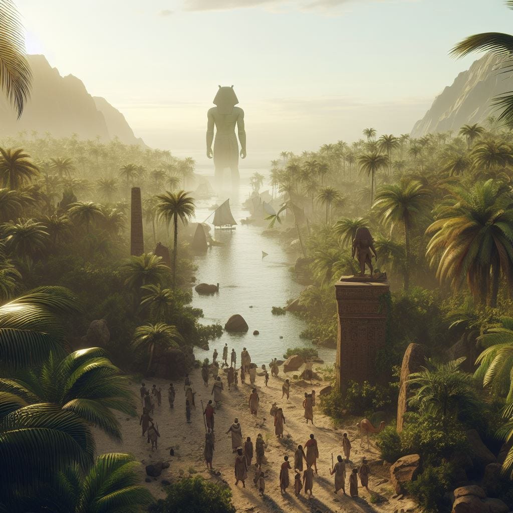 “Ancient egyptian people walking around a tropical jungle. Heavy vegetation. 3000 BC architecture. The back of a colossal giant standing statue overseeing the ocean is seen in the horizon of the shot, back to the viewer.”