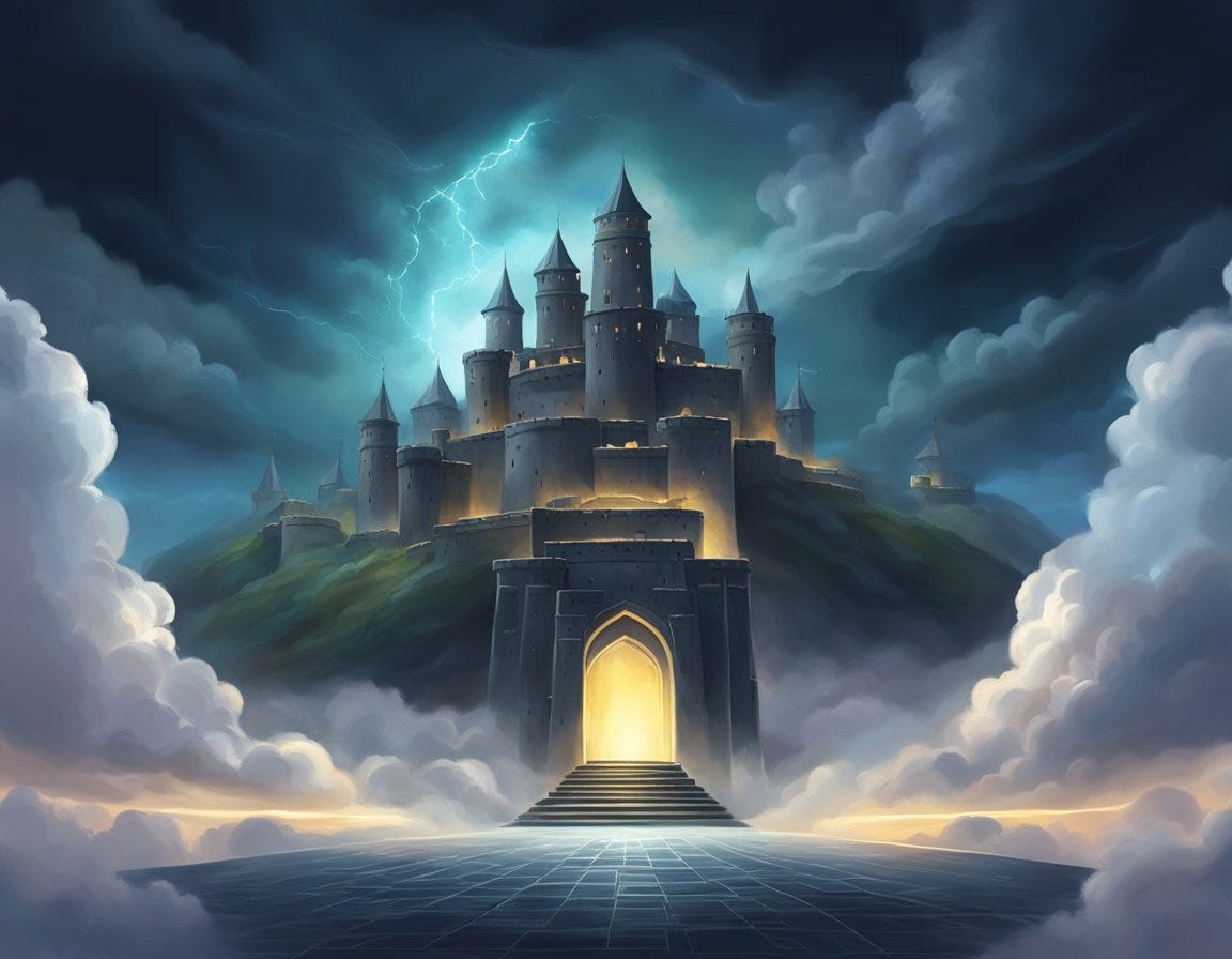A dark, looming fortress stands against a radiant sky, surrounded by swirling clouds and flashes of light, representing the spiritual battle between good and evil