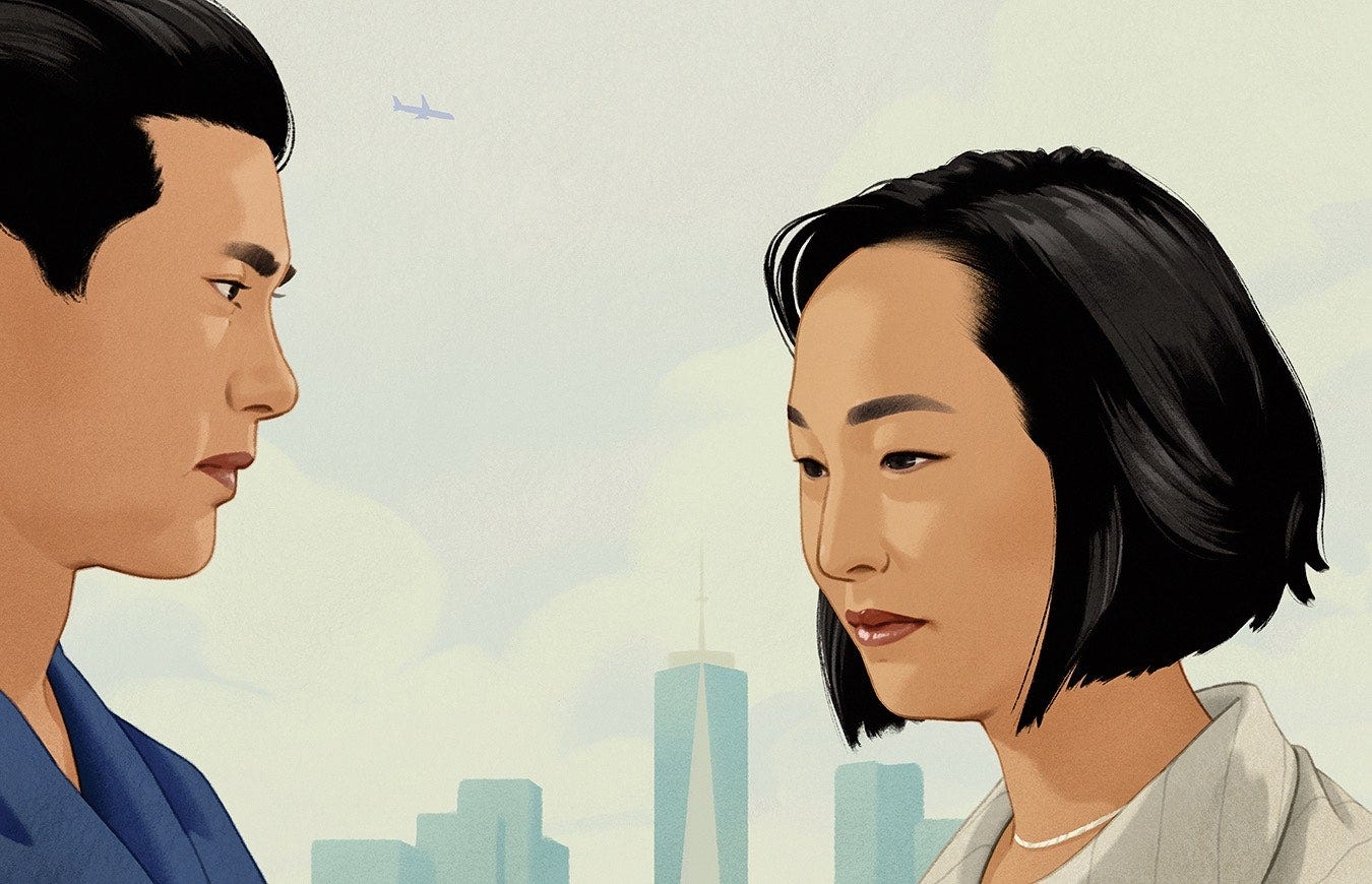 A man and woman face each other while the Manhattan skyline is behind them