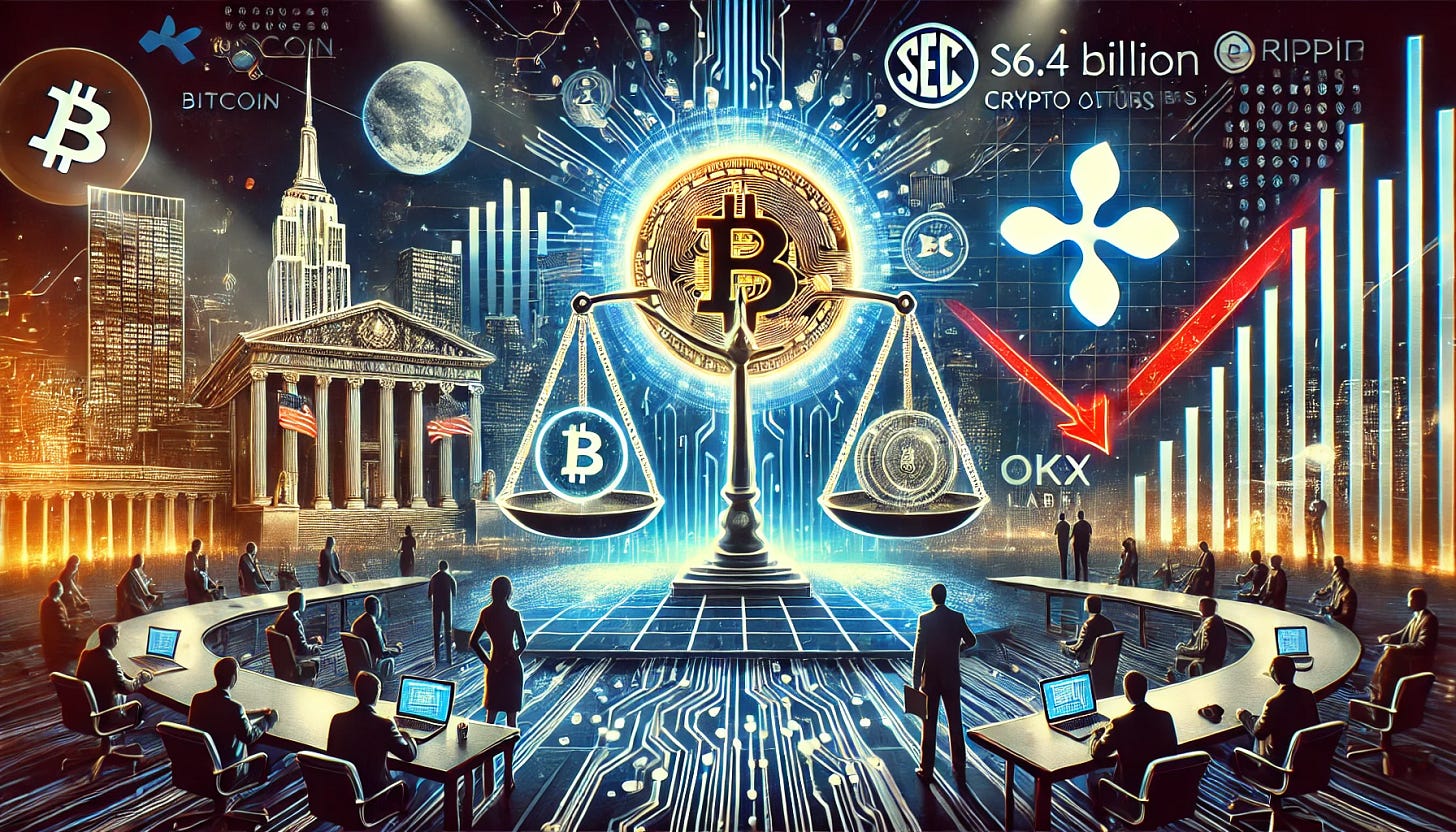 A dynamic and visually compelling digital graphic illustrating the latest crypto news. The image features:

- A futuristic city skyline with bright neon Bitcoin and cryptocurrency symbols, symbolizing the U.S. becoming the 'Bitcoin Superpower'.
- A large digital balance scale with the SEC and Ripple logos on either side, representing the end of the SEC lawsuit against Ripple.
- A declining graph showing a red downward trend, indicating the record $6.4 billion crypto outflows.
- A professional conference setting with a speaker at a podium, representing President Trump addressing the Digital Asset Summit.
- A blockchain network visual with security shields, representing OKX suspending its DEX aggregator due to security concerns.
- The Arbitrum logo with futuristic developers working on decentralized applications, symbolizing Onchain Labs’ new initiative.

The overall design is sleek, modern, and high-tech, with dark backgrounds and glowing accents to reflect the digital finance world.