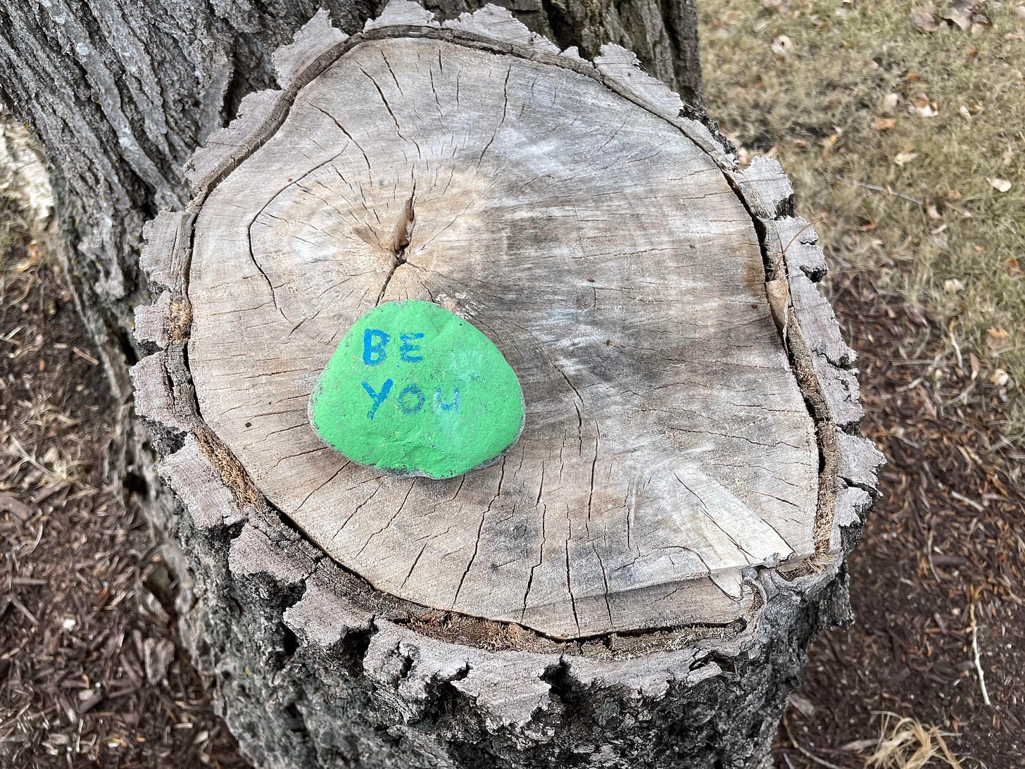 A green rock with the words "BE YOU" painted on it sits on a tree stump.