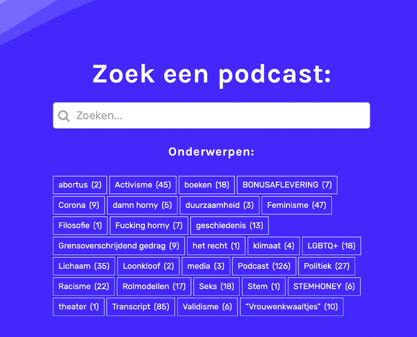 screenshot van de website van Damn Honey waar een zoekbalk staat met daarboven "Zoek een podcast"