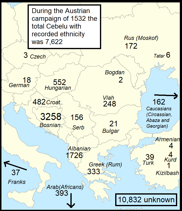 r/MapPorn - Showing the ethnic distribution of a part (0f 7,622 soldiers) of the ottoman cavalry (Cebelu) during the campaign in Austria in 1532.