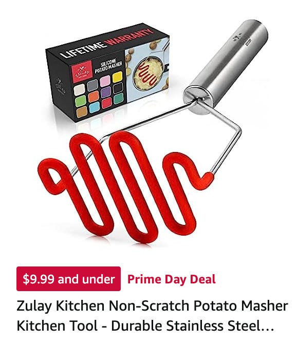 Ad for a potato masher; the masher piece is bright red and looks hot like a brand