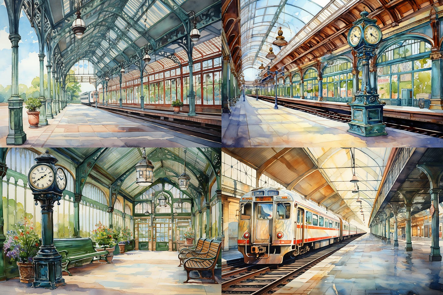 Four-image Midjourney grid of watercolor paintings of train stations without people