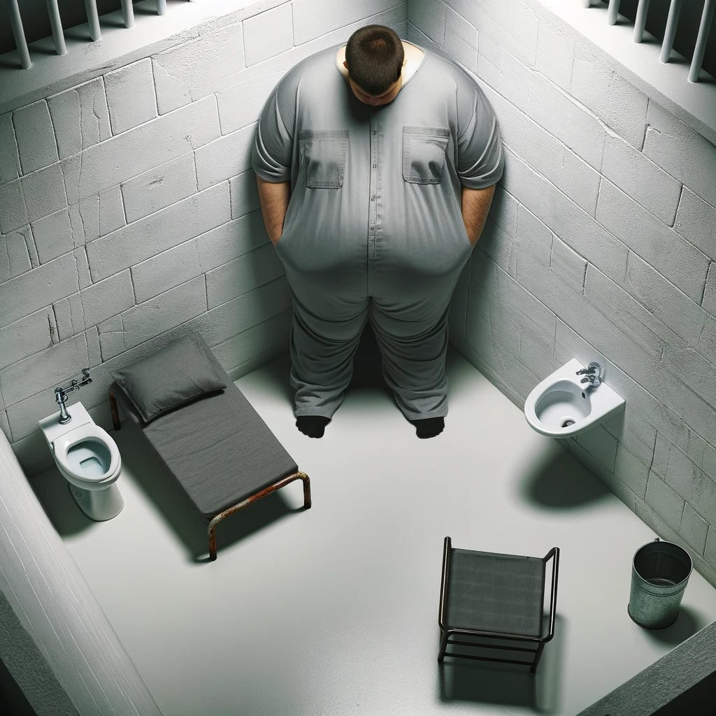 A high-angle view of an obese teenager in a gray jumpsuit in a soulless, bright white jail cell. The teenager is standing with his head against a rough concrete wall. In the corner of the cell, there is a small metal bed and a toilet right next to it. The cell is stark and cold, with bright white walls and a minimalistic, sterile environment. The overall atmosphere is harsh and unforgiving, emphasizing the teenager's distress and isolation.