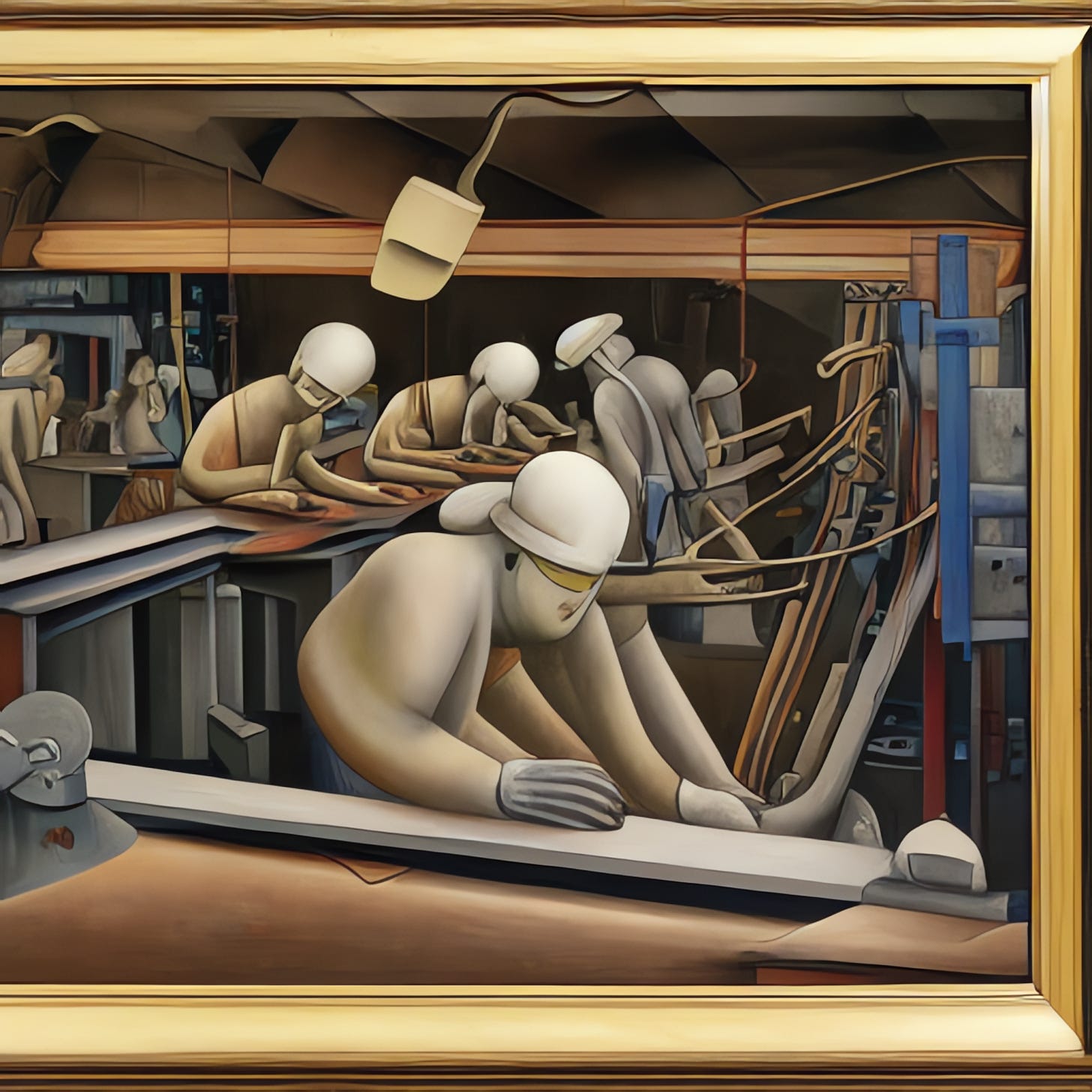 A landscape painting of a person being constructed on an assembly line, HR Giger, Diego Rivera - Stable Diffusion