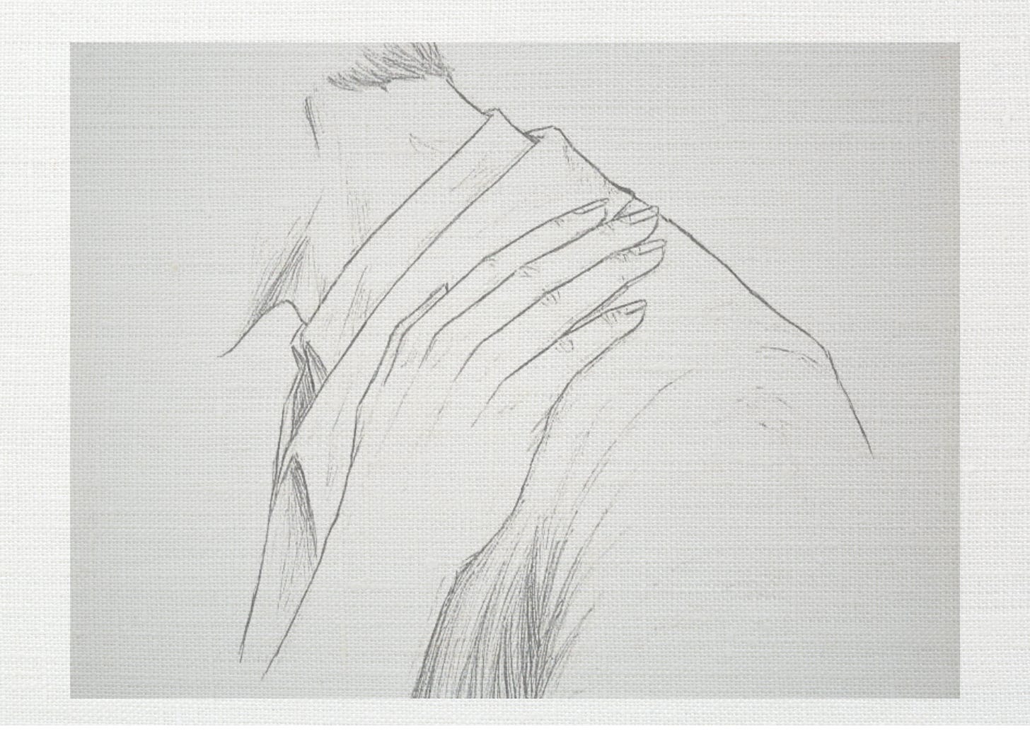 Pencil art on canvas texture, woman's hand on a man's shoulder Pencil art on canvas texture, woman's hand on a man's shoulder
