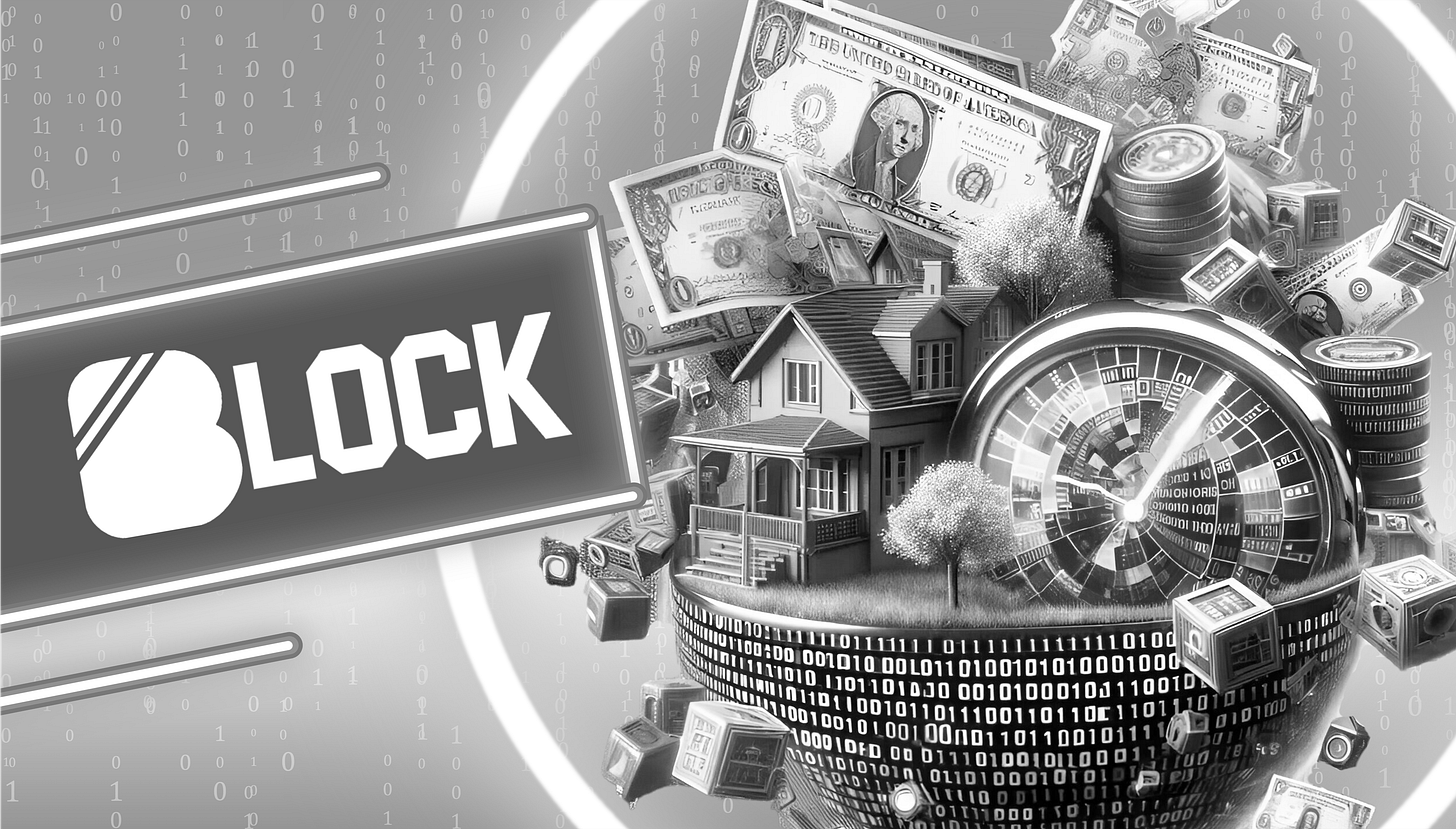 A digital collage-style image representing the concept of tokenized real-world assets (RWA) and blockchain finance. The image features a floating sphere covered in binary code, symbolizing digital transactions and decentralization. Atop the sphere, there is a house, representing real estate tokenization, and stacks of money and coins, illustrating financial assets. A large clock with a futuristic design suggests the importance of time and efficiency in blockchain-based finance. Surrounding the elements are floating digital blocks and binary digits, reinforcing the tech-driven aspect of decentralized finance (DeFi). On the left, a glowing “BLOCK” logo is integrated into the composition, possibly indicating branding or a thematic reference to blockchain technology. The overall design is futuristic, monochrome, and high-contrast, evoking a sleek, modern aesthetic.