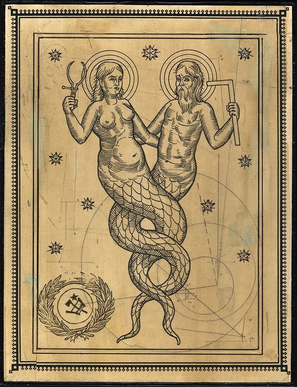 This may contain: an old drawing of two mermaids holding torches in their hands and surrounded by stars