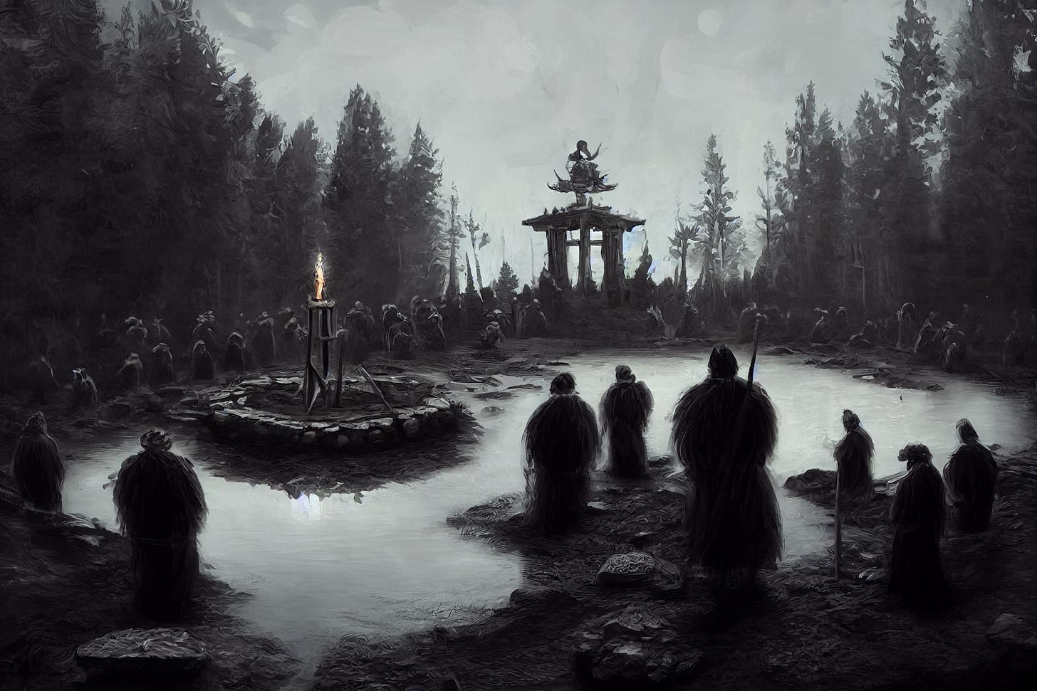 grimdark ritual altar in a scandinavian bog with drums & acolytes created by midjourney AI bot