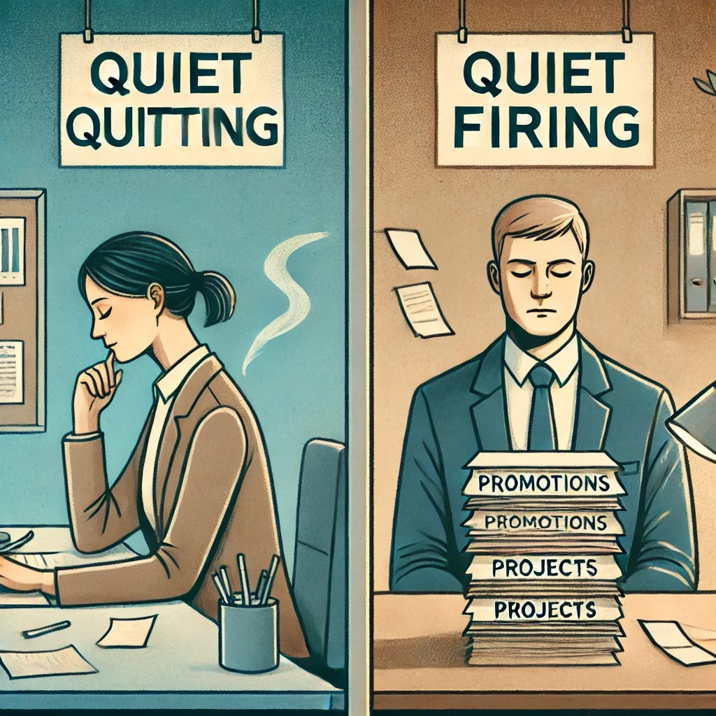 A professional illustration representing the concepts of 'quiet quitting' and 'quiet firing' in the workplace. The image shows a split scene: on one side, a worker at their desk with a neutral expression, doing the bare minimum work, representing 'quiet quitting.' On the other side, a manager looking away from the worker, with a stack of papers labeled 'promotions' and 'projects' pushed aside, representing 'quiet firing.' The background is a neutral office setting with soft colors like blues, grays, and muted earth tones to keep the tone balanced and serious.