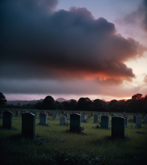 Storm rolling in over a graveyard at dusk.