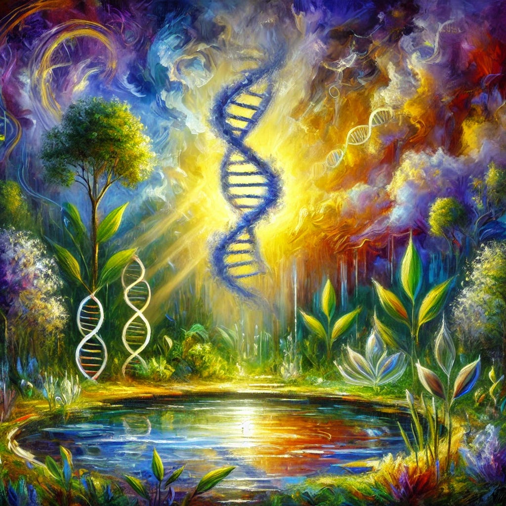 A vibrant impressionist oil painting depicting the complexity and mystery of nature, inspired by genetic research. At the center of the scene, a swirling double-helix-like structure emerges from a glowing pond surrounded by abstract, lush foliage. The foliage transitions from deep greens to bright yellows and purples, symbolizing discovery and the chaos of nature. The pond reflects fragmented shapes and vibrant hues, while above, a vast sky of swirling blues and whites suggests the expansive unknowns of science. Rich, bold colors and expressive brushstrokes dominate the painting.