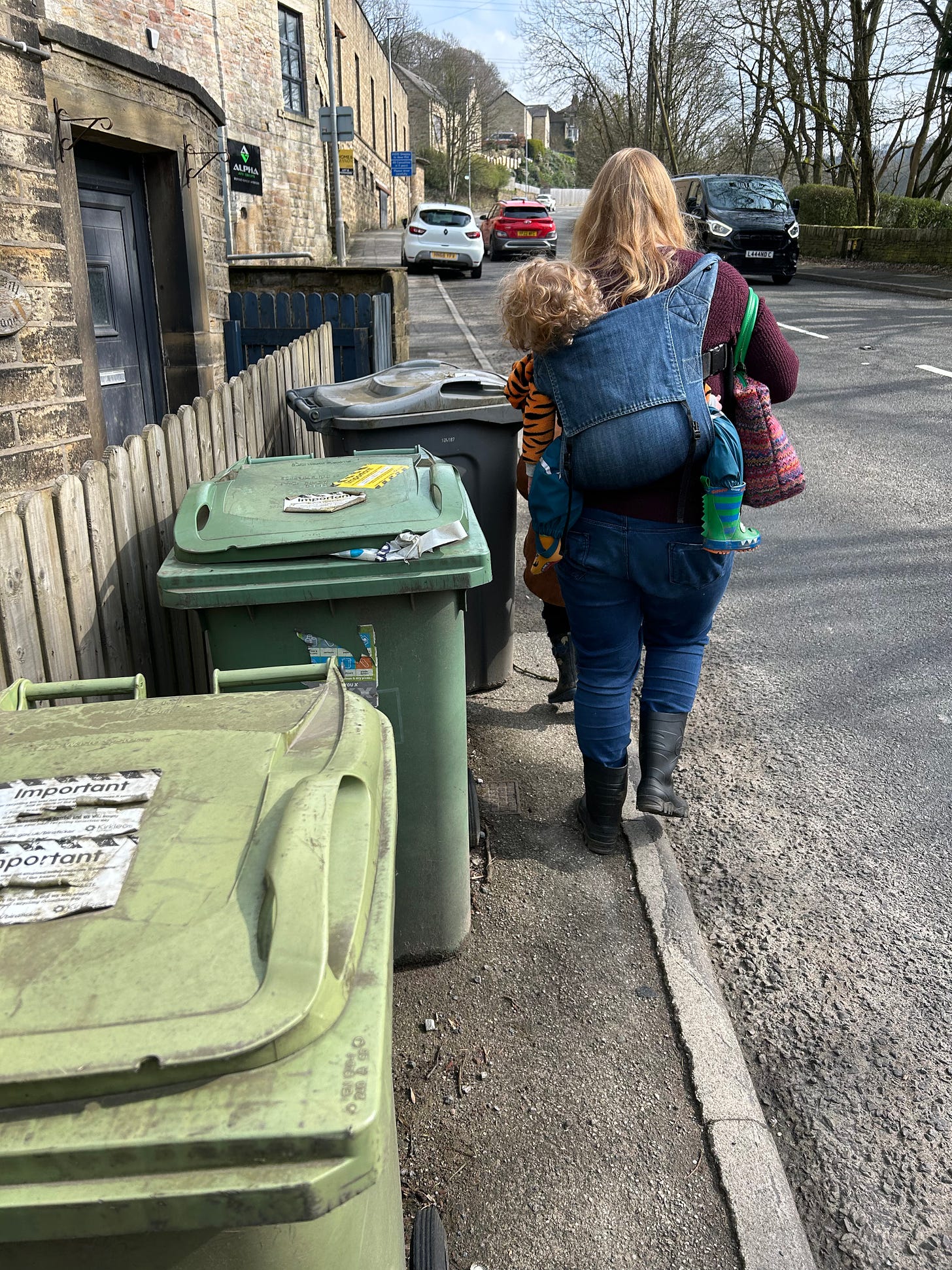 A woman with long hair is carrying a toddler in a carrier on her back. She is almost forced into the road due to a series of green and grey bins on the pavement. Another child is walking ahead and the woman is guiding him with her hand around the bins to keep him off the road.