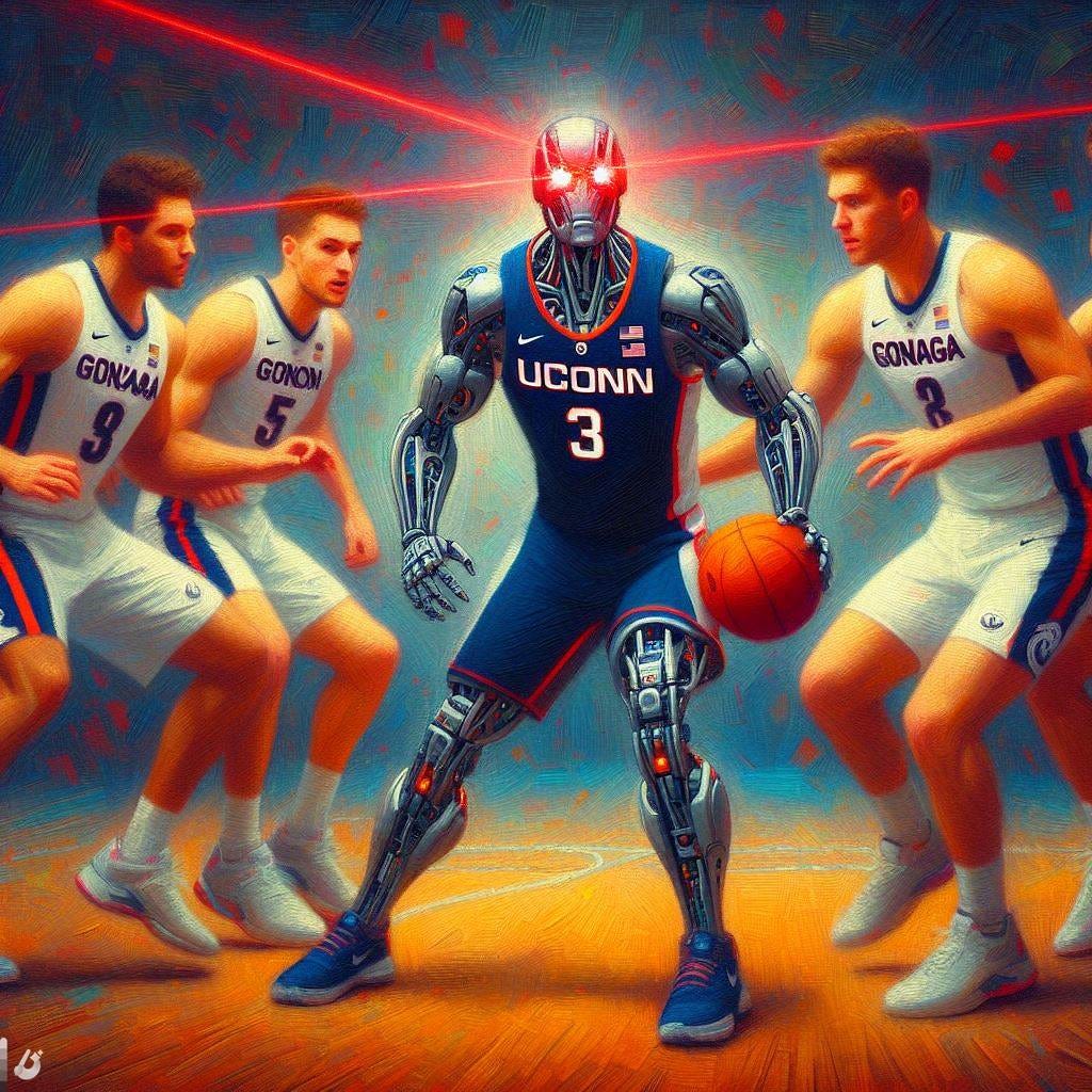 A basketball-playing robot with laser eyes in a UConn uniform being defended by five Gonzaga players, impressionism