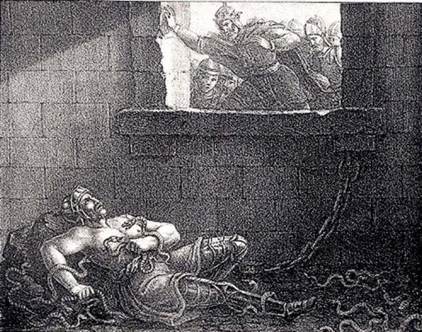 Depiction of Ælla of Northumbria's murder on Ragnar Lodbrok (1830) by Hugo Hamilton. Depiction of Ælla of Northumbria's murder on Ragnar Lodbrok (1830) by Hugo Hamilton.