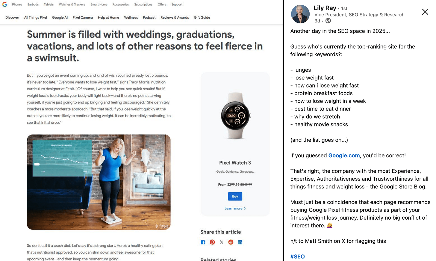 Lily Ray's post highlighting Google's own content ranking for health-specific content
