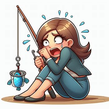 a woman on the hook of a fishing line as bait, looking extremely embarrassed, cartoon style