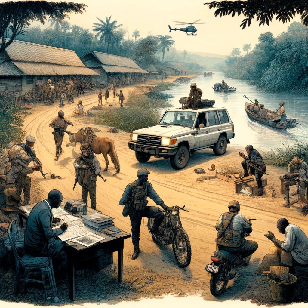 An intense and somber illustration depicting the humanitarian crisis in the Central African Republic as described in a journal report. The scene shows a team of researchers traveling through various terrains by car, boat, motorcycle, and on foot to conduct interviews. They navigate through remote villages and dense forests, capturing the challenging and dangerous conditions. Local guides, including former combatants turned motorcycle taxi riders, assist them. The atmosphere is tense and poignant, highlighting the severe living conditions and the effort to document the crisis.