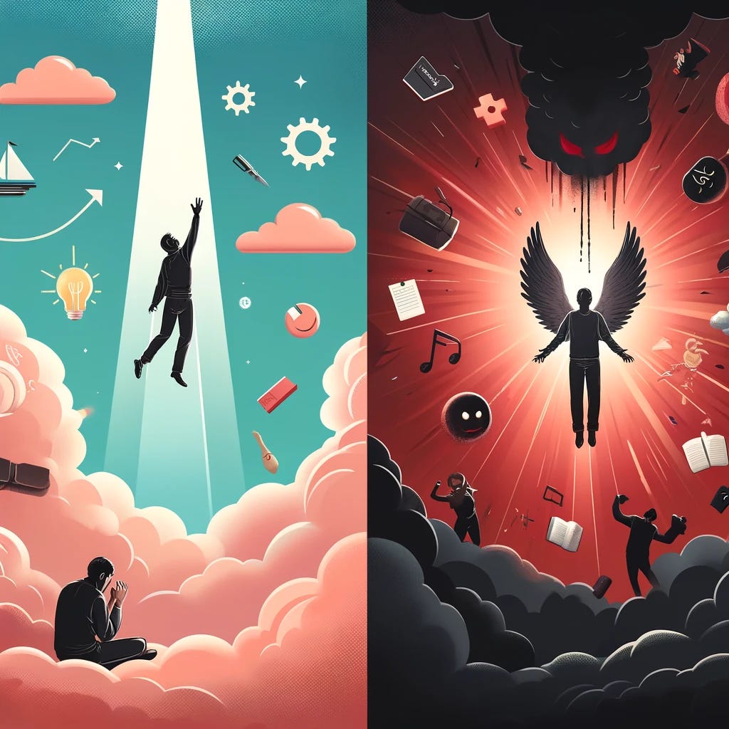 A split-image illustrating two contrasting concepts. On the left, 'Elevating Problems' is depicted as a serene, uplifting scene with a person peacefully rising on a bright beam of light, surrounded by symbols of support and solutions, like books, gears, and helping hands, in a soft, pastel-colored environment. On the right, 'Escalating Problems' is shown as a chaotic, dark scene with a person being overwhelmed by a storm of papers and angry voices, in a tumultuous, shadowy setting with sharp, jagged lines and a red and black color scheme. The overall tone of the image is clear: elevation is positive and escalation is negative.