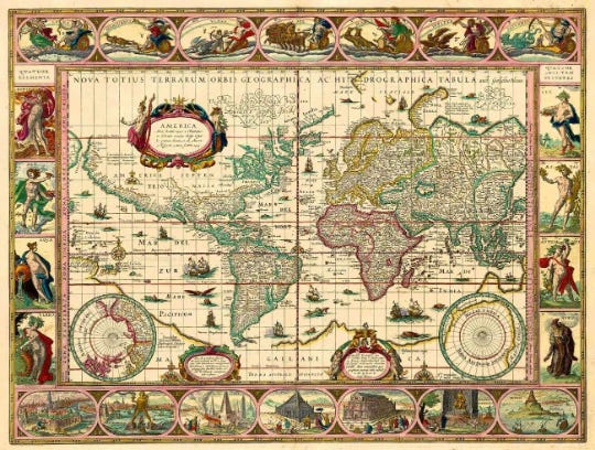 Image of a colorful, vintage map, that is written less to help you get from point A to point B and more to tell a story