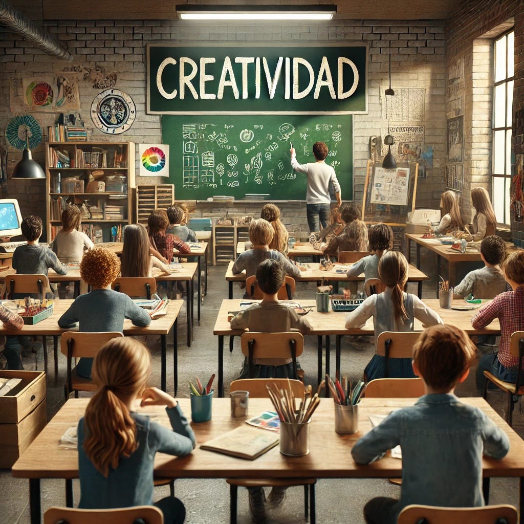 A realistic classroom scene with students seen from the back, all looking towards a blackboard where the word 'Creatividad' is written prominently. The classroom is filled with creative activities; students are sitting at desks with art supplies, books, and tools for hands-on projects. The walls are decorated with posters and artwork. The atmosphere is lively and focused, with a teacher standing near the blackboard, guiding and encouraging the students.