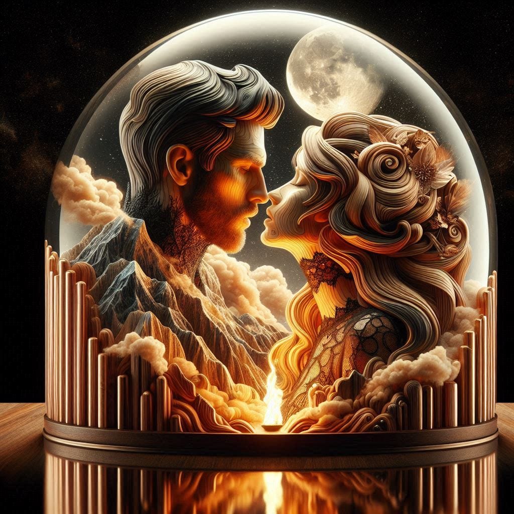  angle glass waterfall with with a small fire in it over image of  Birchwood/rosewood middle aged handsome man looking at the lips a woman in lace high collar in water in resin/ soft, beautiful/honey-wood and copper/ Marquetry, verdigris. mountain / fluffy cloud floating low in foreground / honey-gold-swirl/surrounded by copper pipes .REFLECTED/ Inspired by style of Jeffrey Catherine Jones /backdrop of swirling clouds under moon.black starry sky / love/ bliss
