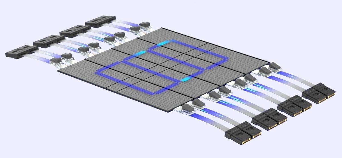 A grey rectangle with a blue figure-8 at it center has multiple ribbons protruding from its sides.