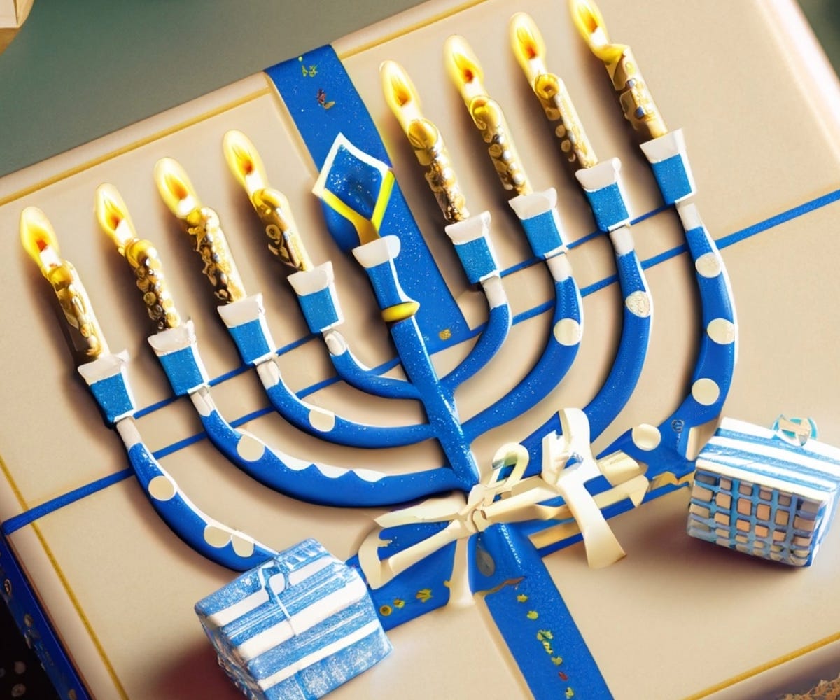 hanukkah gift wrap featuring a menorah and designed by sam zee and an ai