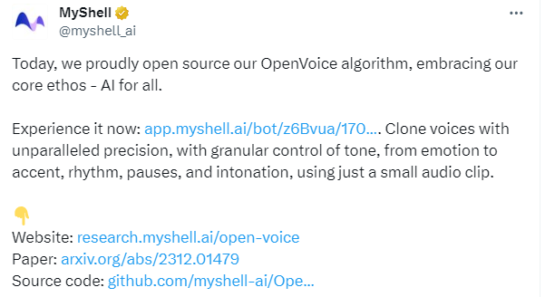 MyShell announcing OpenVoice on Twitter