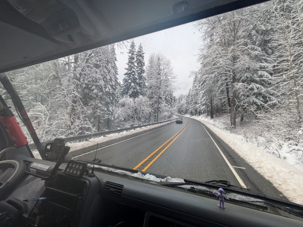 Looking through the windshield of Walter the truck, at the white snow-laden trees and white sky on either side of a narrow blacktop road