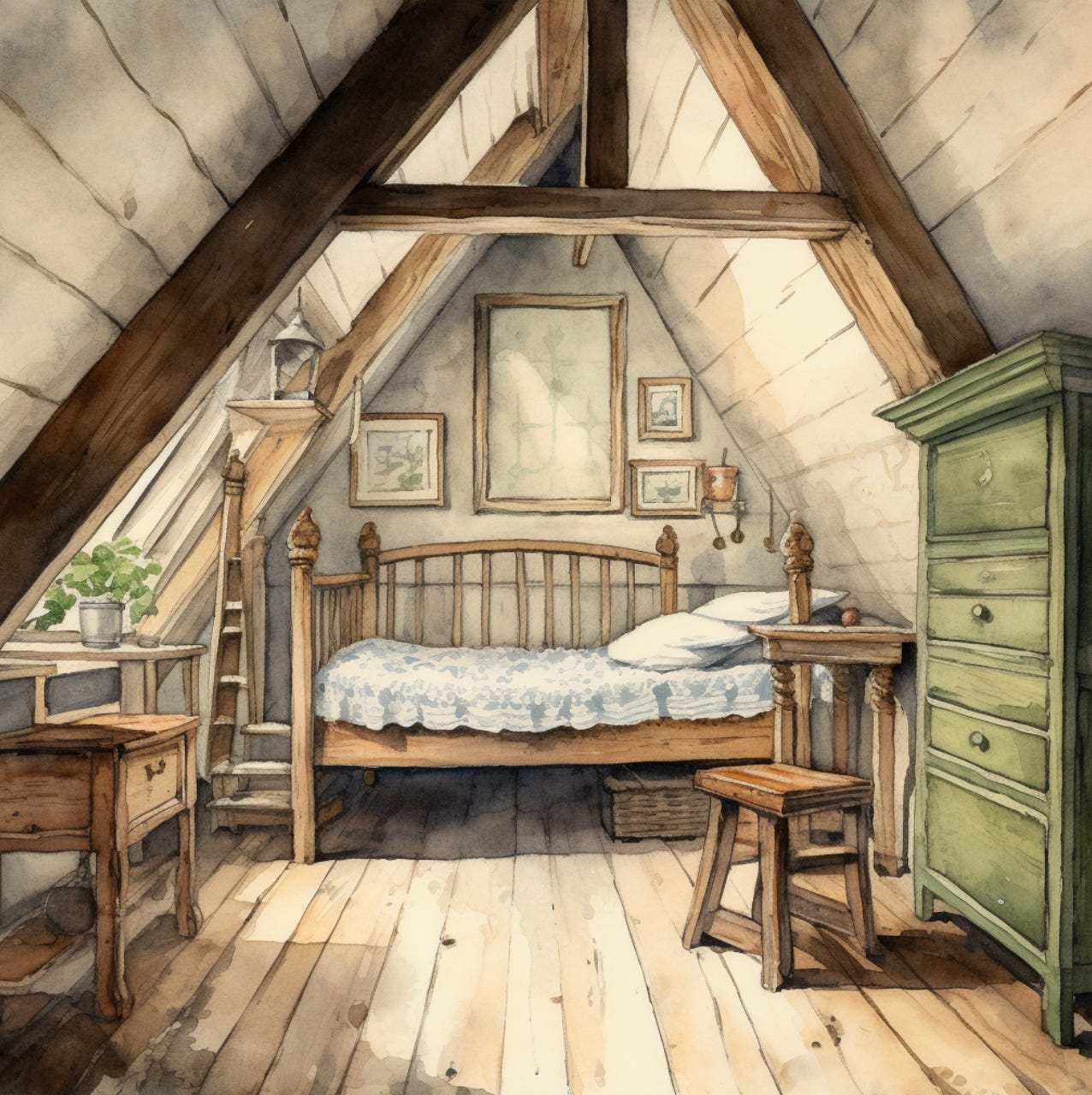 a water color of an attic bedroom in an English cottage with sloping eaves and a single bed in the middle