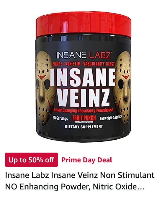 An ad for "Insane Veinz" protein powder. The jar has Jason Voorhees masks on it and says it's Fruit Punch flavored.