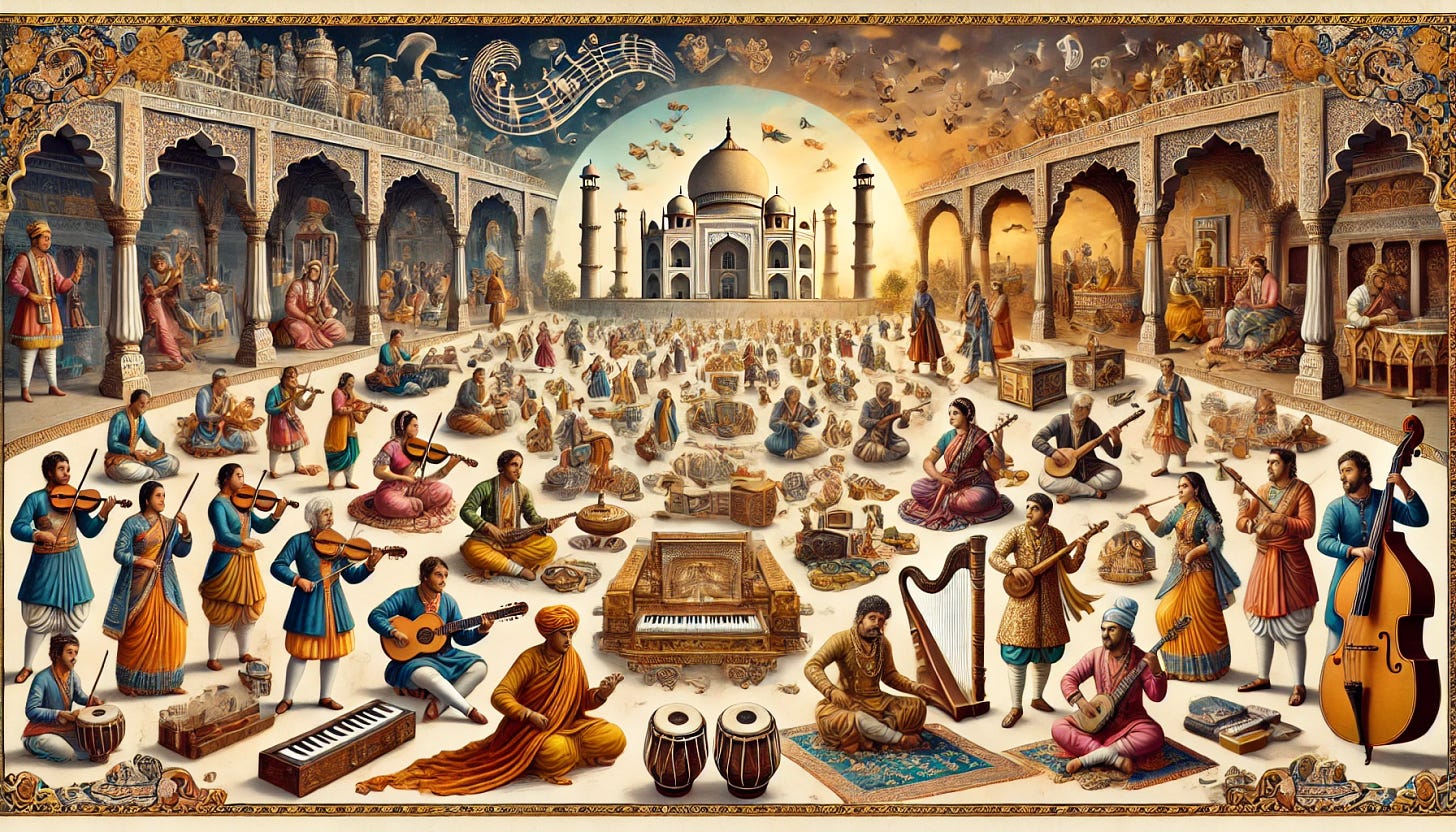 A wide, panoramic illustration depicting the evolution of Indian classical music during the Gupta Empire and the Mughal period. On the left, show scenes from the Gupta Empire with musicians performing at royal courts and daily life, highlighting the substantial royal patronage and advancements in instrumental and vocal genres. Transition to the middle with scenes from the Mughal period, showcasing the synthesis between Indian music and Persian influences, the creation of new ragas, and the introduction of musical instruments like the sitar and tabla. On the right, depict legendary musicians like Tansen performing, emphasizing their contributions to Hindustani classical music. The entire image should be detailed and colorful, reflecting the rich history and cultural significance of Indian classical music during these periods.