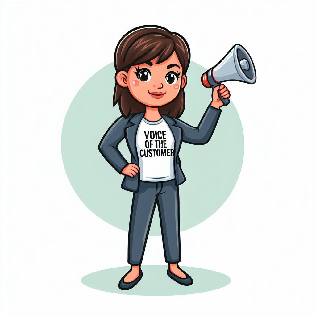 A cartoon woman wearing a tshirt that reads voice of the customer.  she is also holding a megaphone.