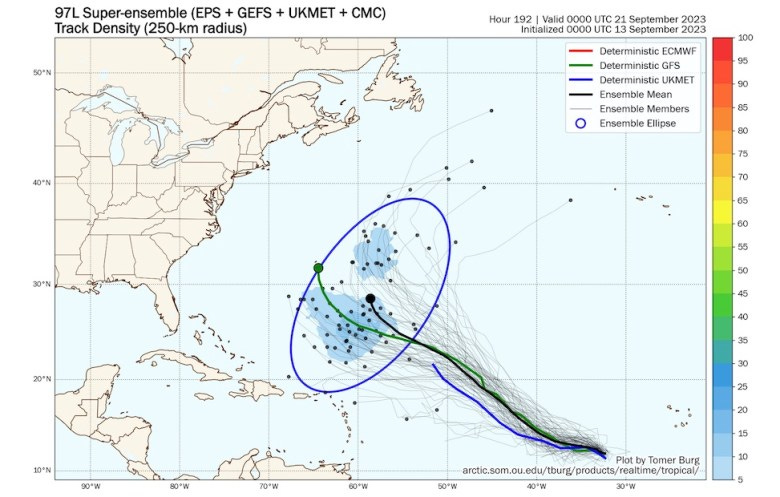 map shows potential tracks for 97L