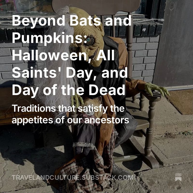 A gruesome scarecrow on a rocking chair with the title Beyond Bats and Pumpkins