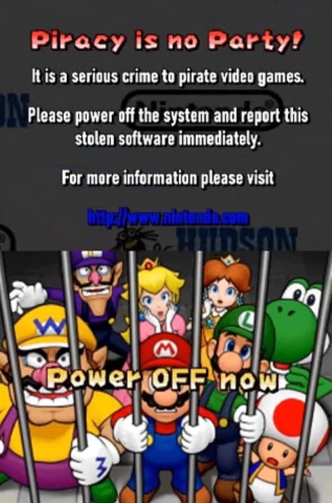 Piracy is no Party! It is a serious crime to pirate video games. Please power off the system and report this stolen software immediately. For more information please visit HUDSON Power OFF now