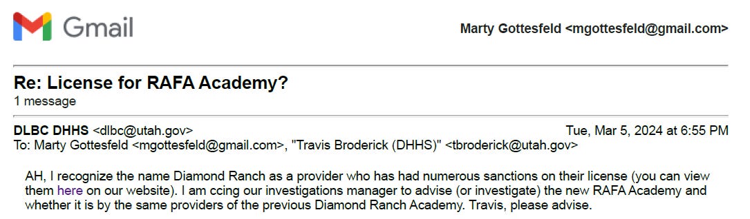 An email from Utah's Division of Licensing and Background Checks (D.L.B.C.) to MartyG Reports, in which the Division recalled "Diamond Ranch as a provider who has had numerous sanctions on their[sic] license" and asking an investigator to advise or investigate the matter