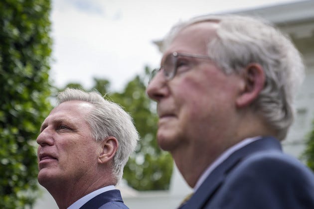 Kevin McCarthy, left, and Mitch McConnell, right, address reporters outside the White House